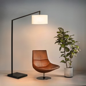 Stretch Chairside Arc Floor Lamp - 75", Matte Black, Step Switch, Rectangular composite base, White Linen Drum Shade