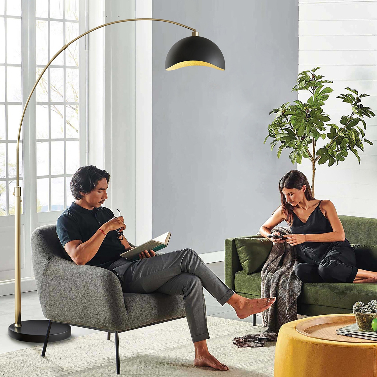 Luna Bella Arc Floor Lamp - Brass, Matte Black & Gold Leaf Shade