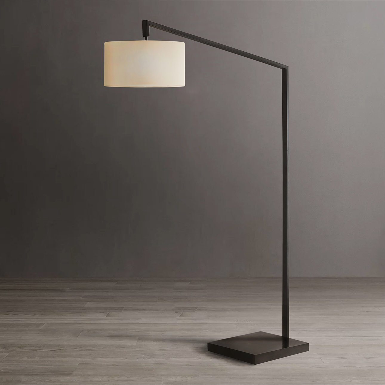 Stretch Chairside Arc Floor Lamp - 75", Matte Black, Step Switch, Rectangular composite base, White Linen Drum Shade