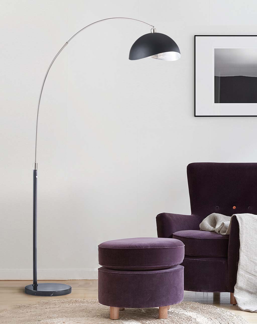 Luna Bella Arc Floor Lamp - Nickel, Matte Black & Silver Leaf Shade