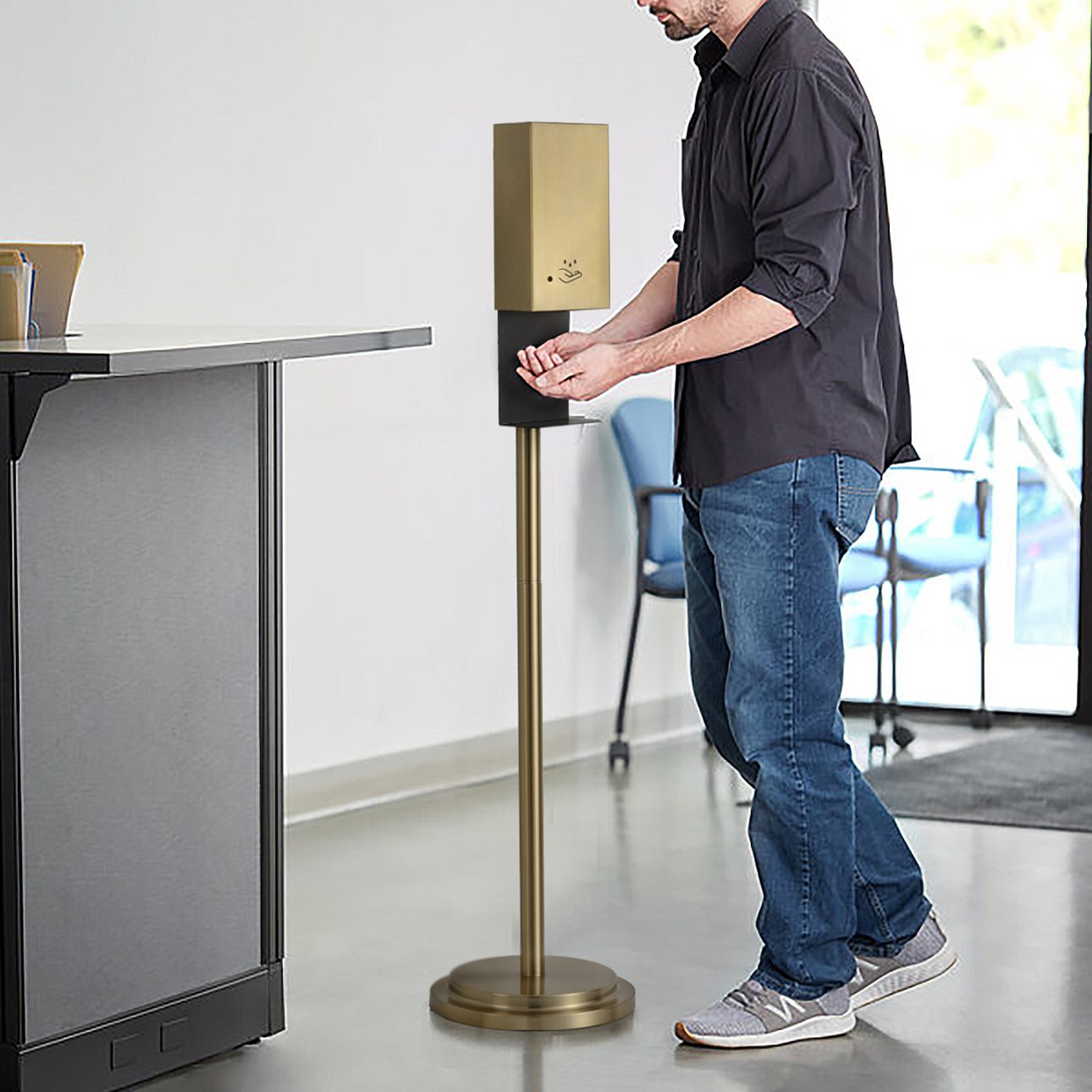Luxe Floor Standing Touchless Hand Sanitizer Dispenser - Brushed Brass