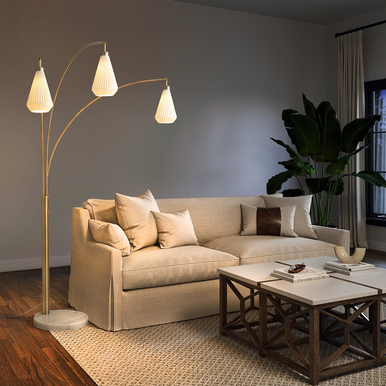 Concord Three Light Arc Floor Lamp with Warm Ambient Glow