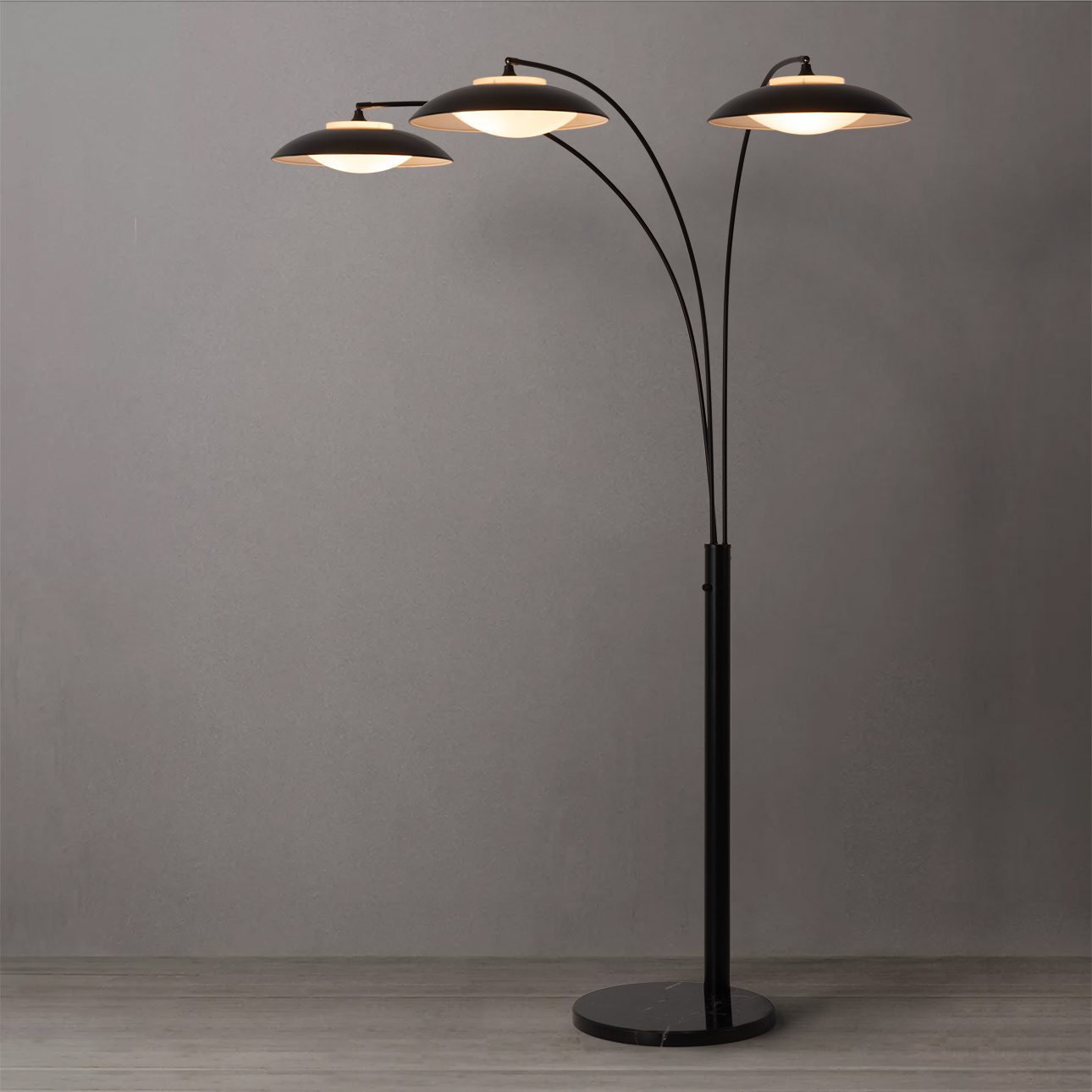 Saucer Three Light Arc Floor Lamp in Matte Black