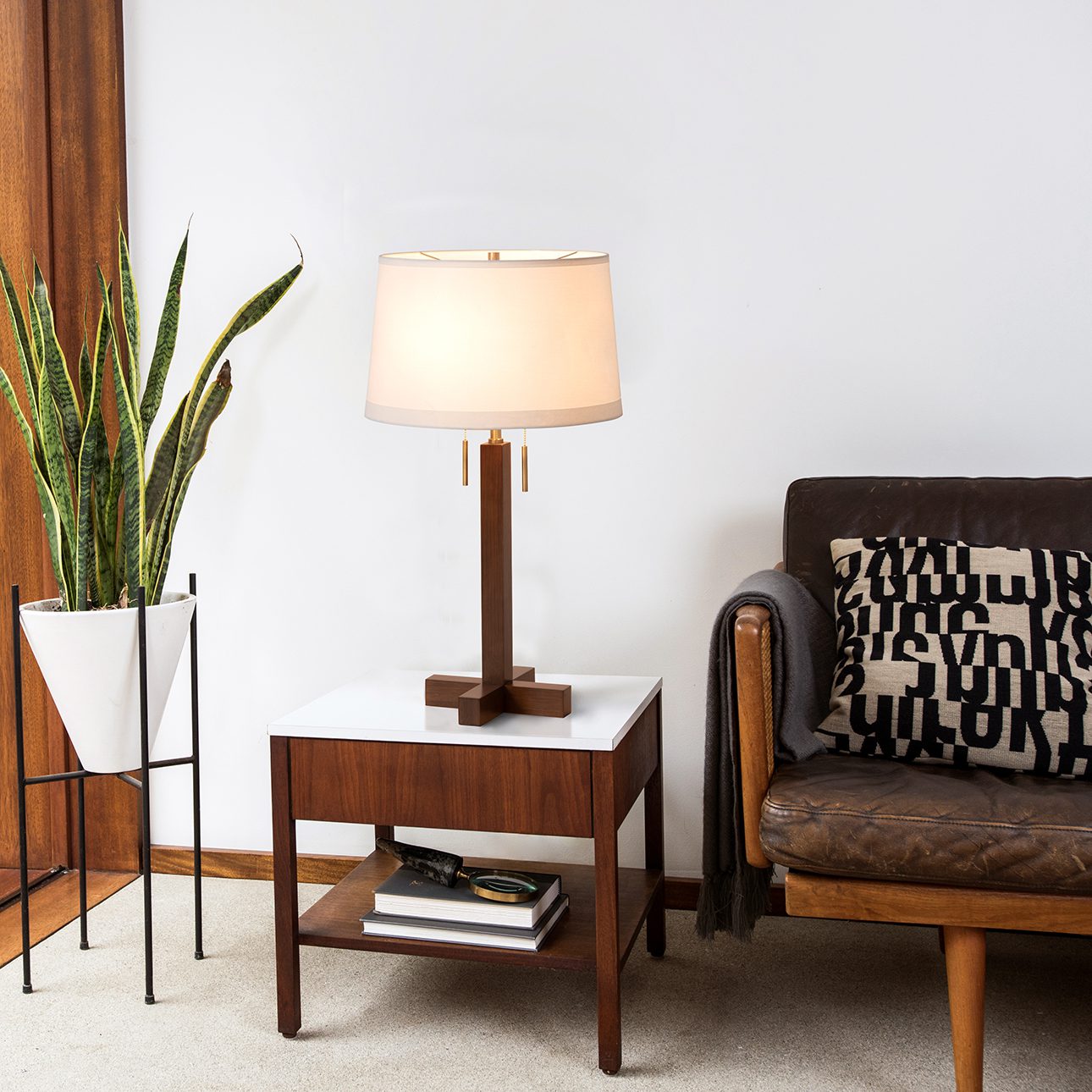 Swiss Cross Table Lamp in Walnut and Brass with Warm Glow