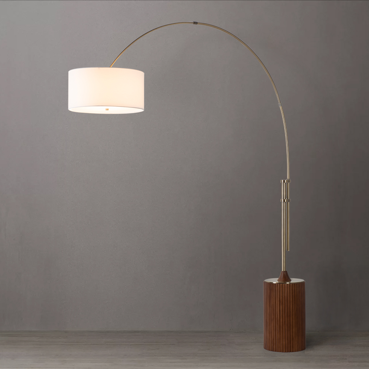Tambo Arc Floor Lamp - Dark Walnut Wood Finish, Weathered Brass, Tambour base, White Linen Shade, Dimmer