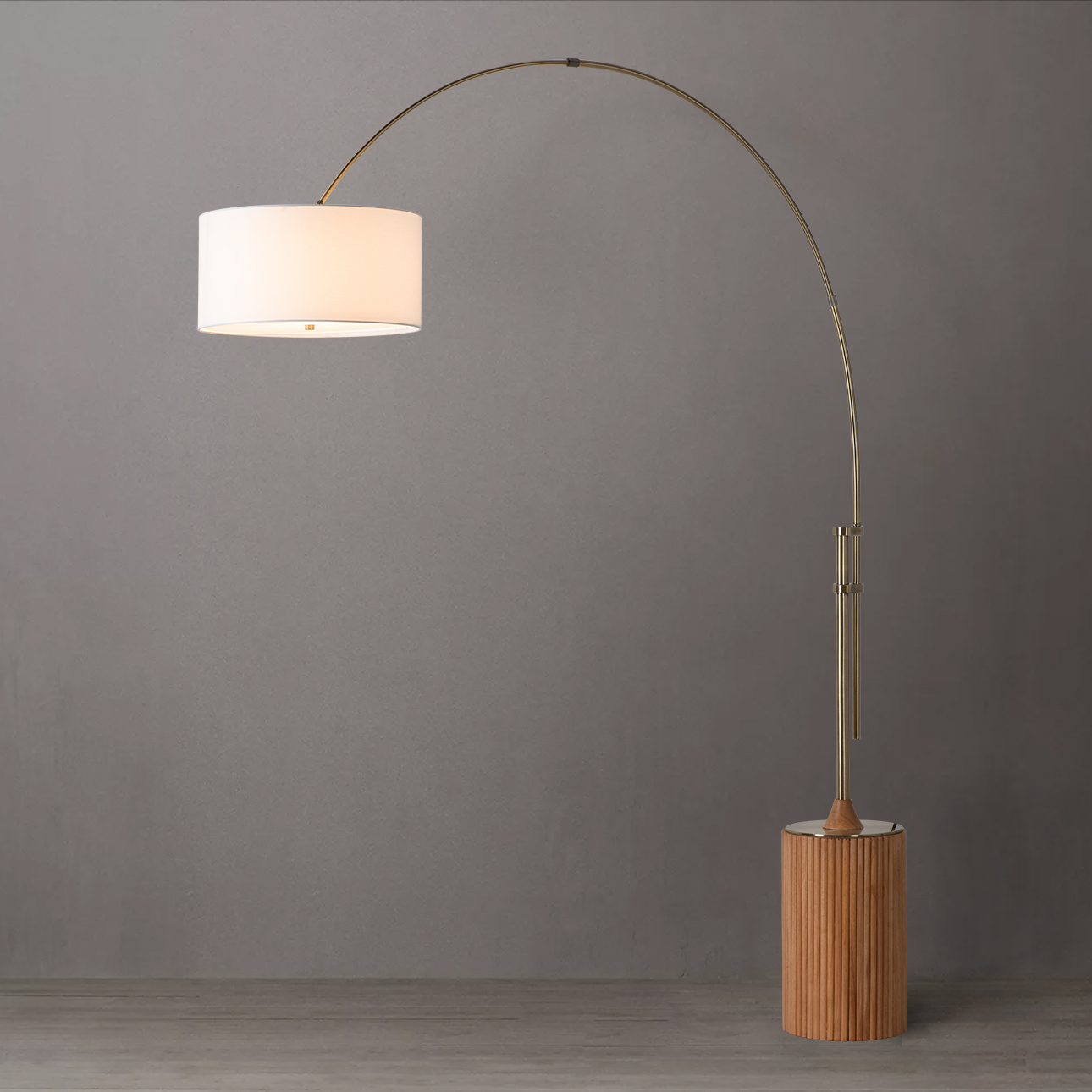 Tambo Arc Floor Lamp - Natural Ash Wood Finish, Weathered Brass, Tambour base, White Linen Shade, Dimmer