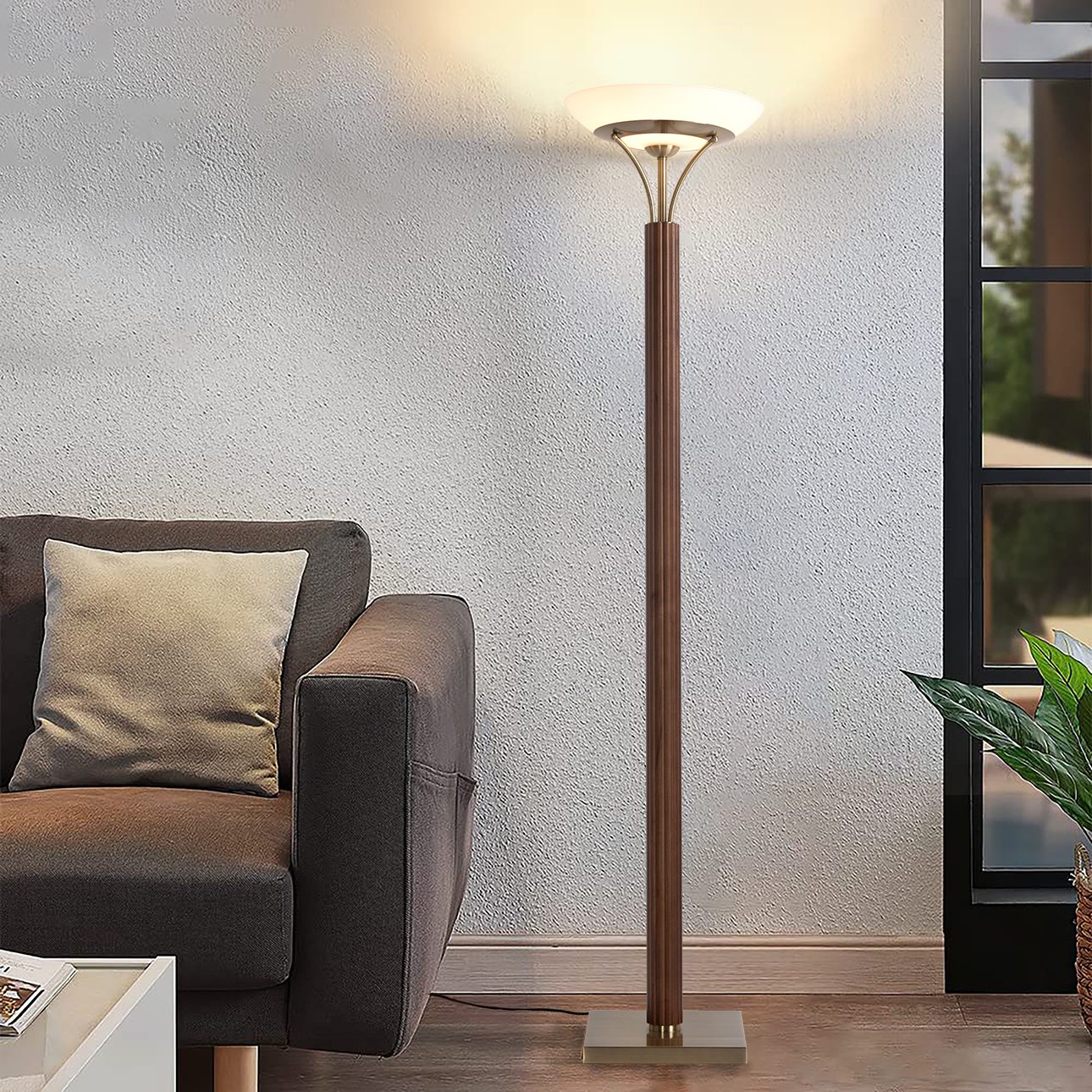 Tambo Modern Torchiere Floor Lamp in Walnut and Brass