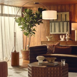 Tambo Arc Floor Lamp - Dark Walnut Wood Finish, Weathered Brass, Tambour base, White Linen Shade, Dimmer