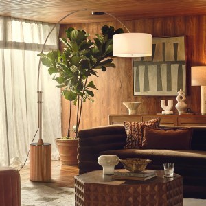 Tambo Arc Floor Lamp - Natural Ash Wood Finish, Weathered Brass, Tambour base, White Linen Shade, Dimmer