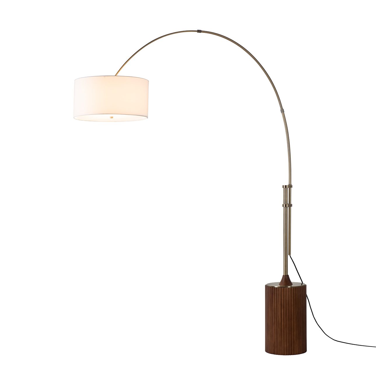 Tambo Arc Floor Lamp - Dark Walnut Wood Finish, Weathered Brass, Tambour base, White Linen Shade, Dimmer