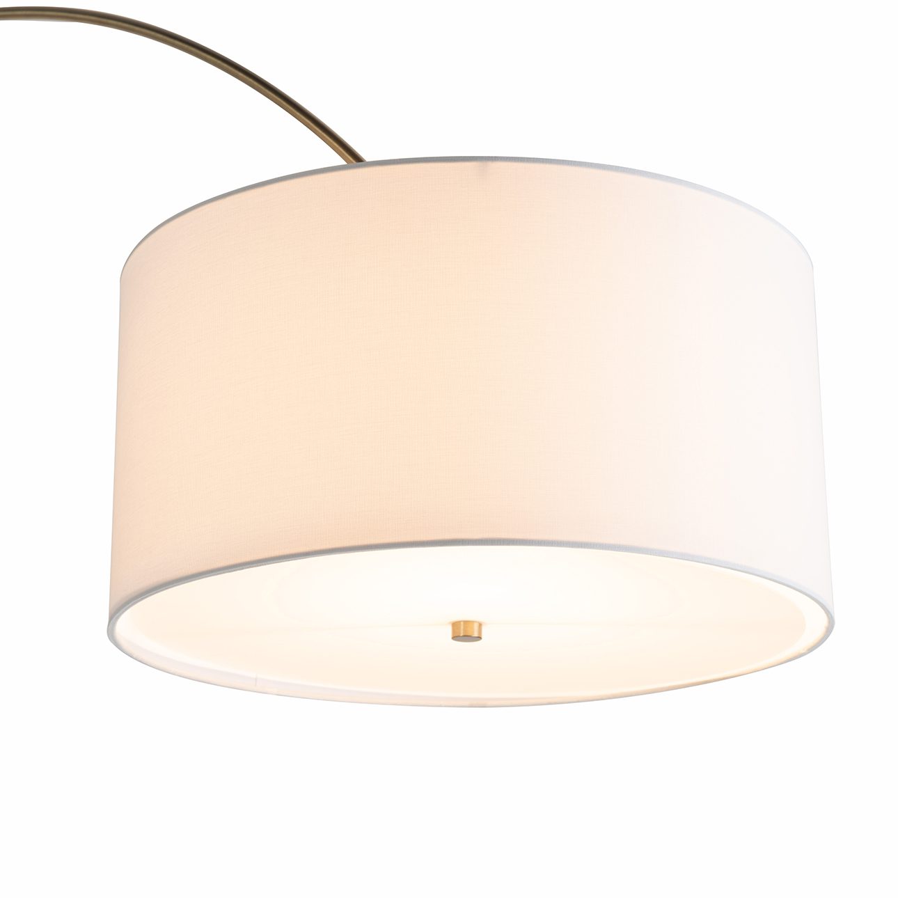 Tambo Arc Floor Lamp - Dark Walnut Wood Finish, Weathered Brass, Tambour base, White Linen Shade, Dimmer