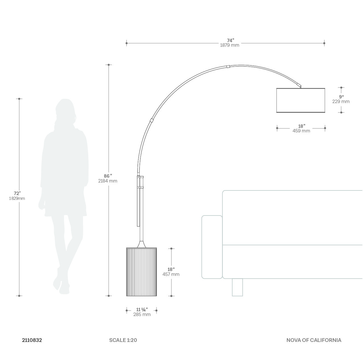 Tambo Arc Floor Lamp - Dark Walnut Wood Finish, Weathered Brass, Tambour base, White Linen Shade, Dimmer