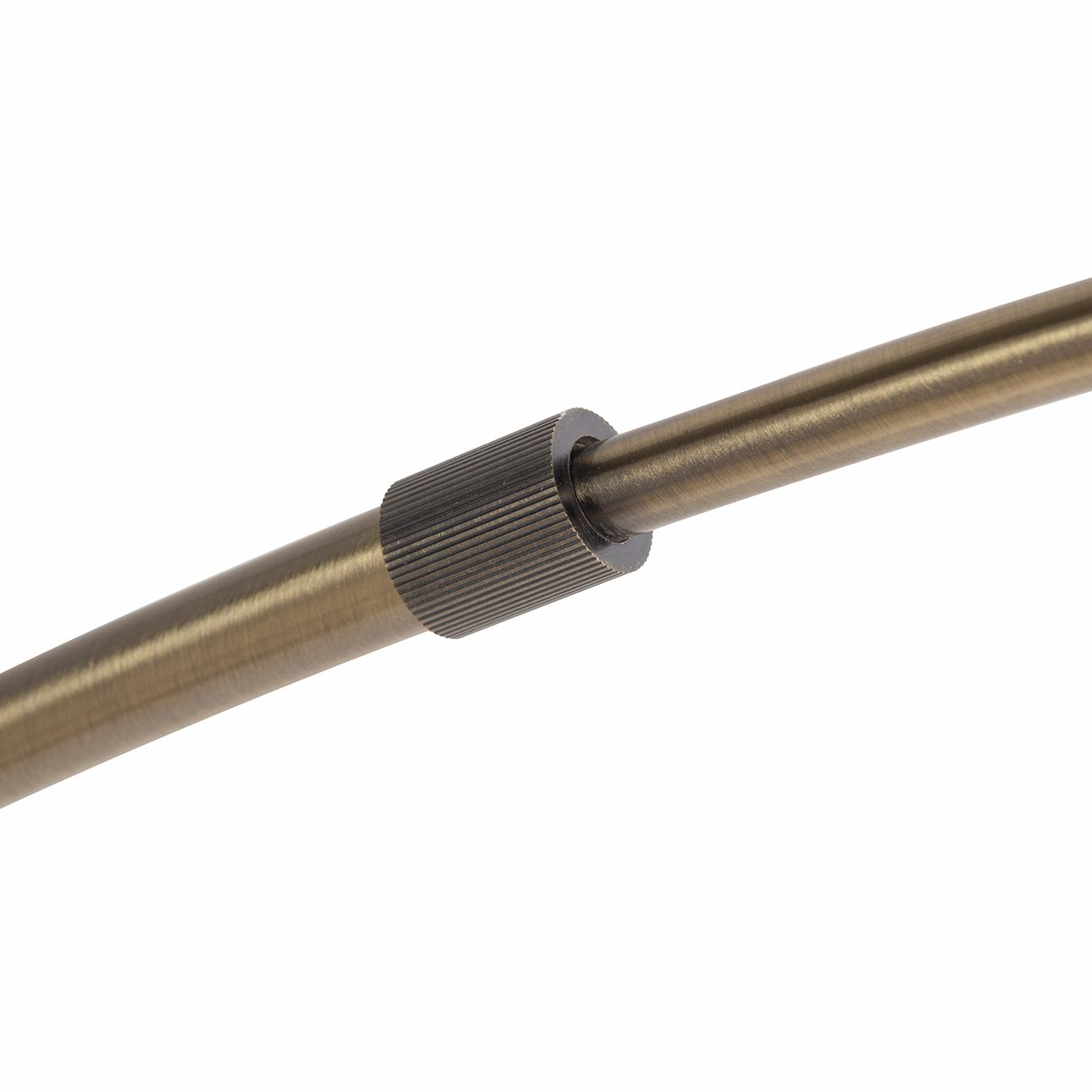 Tambo Arc Floor Lamp - Dark Walnut Wood Finish, Weathered Brass, Tambour base, White Linen Shade, Dimmer