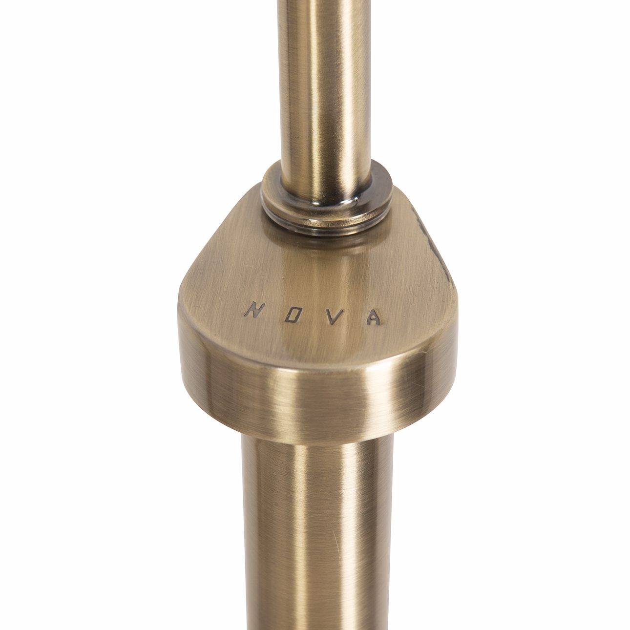 Tambo Arc Floor Lamp - Dark Walnut Wood Finish, Weathered Brass, Tambour base, White Linen Shade, Dimmer