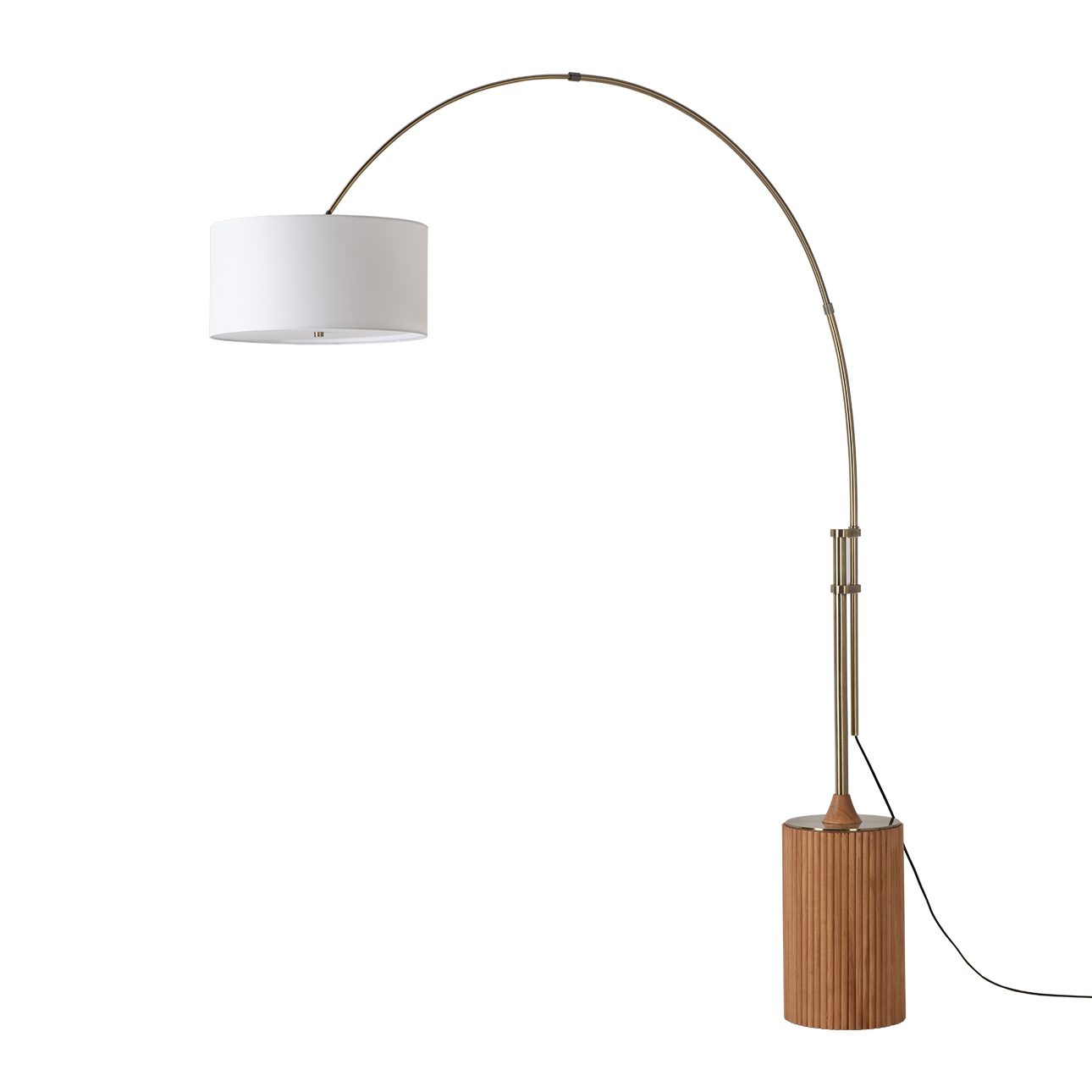 Tambo Arc Floor Lamp - Natural Ash Wood Finish, Weathered Brass, Tambour base, White Linen Shade, Dimmer
