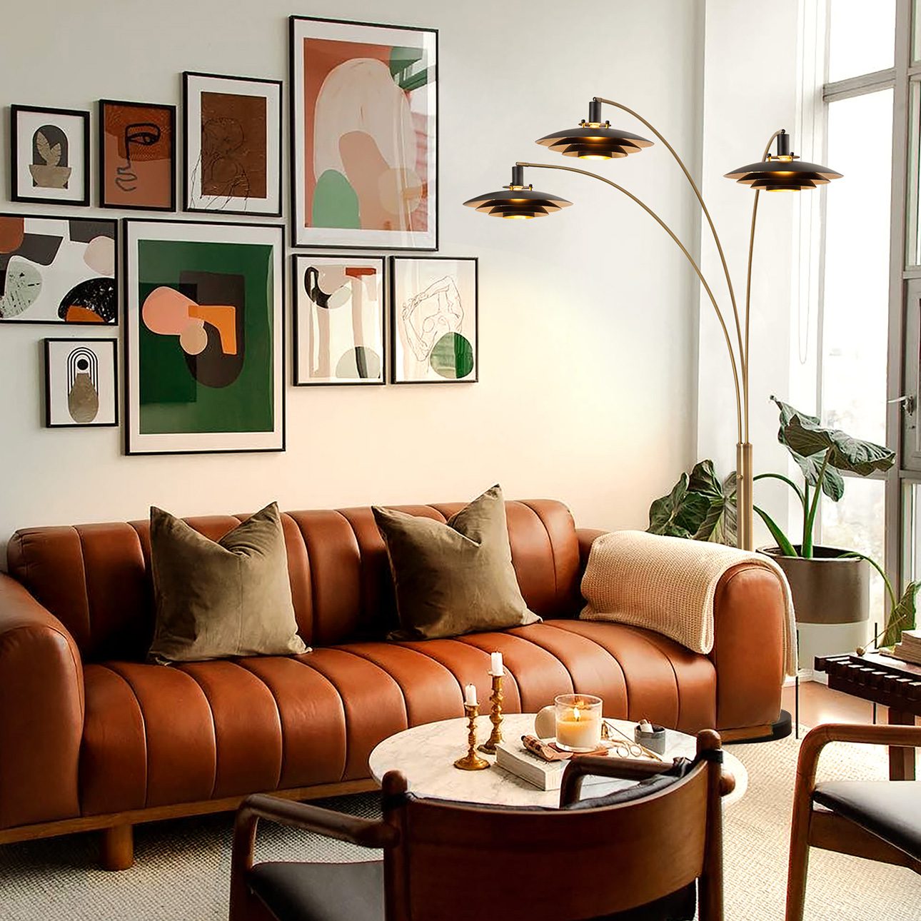 Rancho Mirage Three Light Arc Floor Lamp in Black and Brass