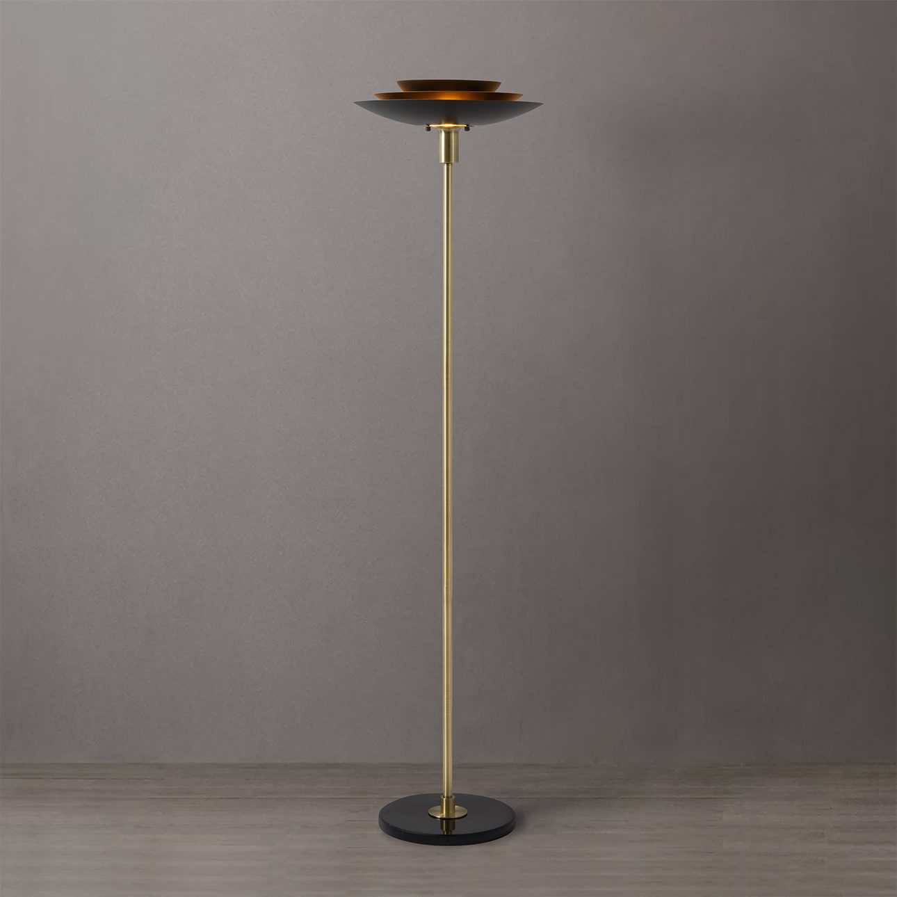 Rancho Mirage Torchiere Floor Lamp – Matte Black & Gold-Leaf Shade, Weathered Brass, Black Marble Base, Dimmer