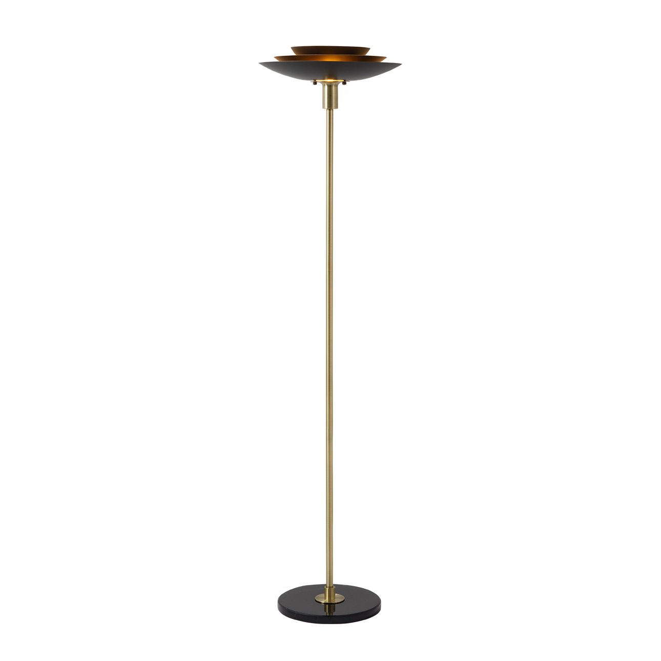 Rancho Mirage Torchiere Floor Lamp – Matte Black & Gold-Leaf Shade, Weathered Brass, Black Marble Base, Dimmer
