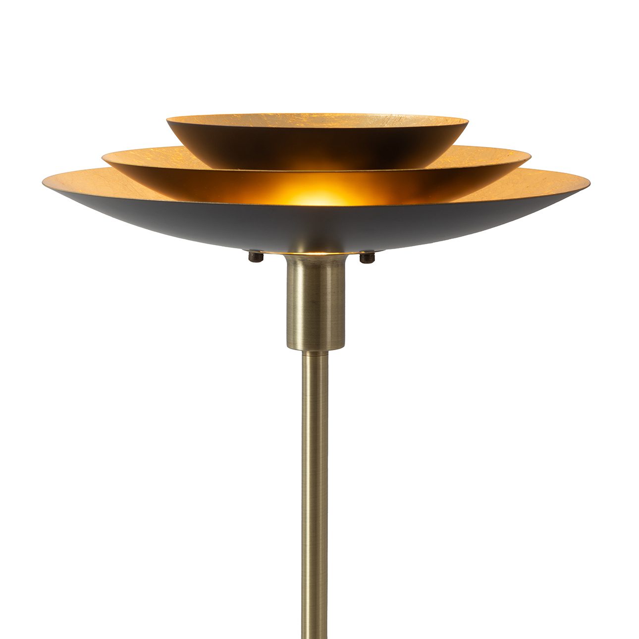 Rancho Mirage Torchiere Floor Lamp – Matte Black & Gold-Leaf Shade, Weathered Brass, Black Marble Base, Dimmer