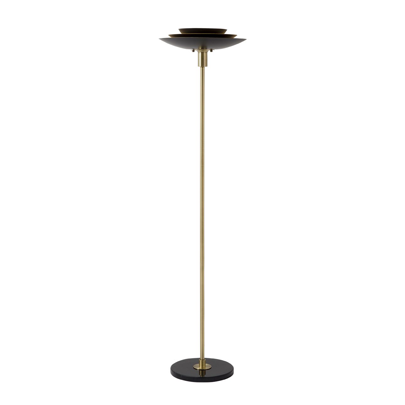 Rancho Mirage Torchiere Floor Lamp – Matte Black & Gold-Leaf Shade, Weathered Brass, Black Marble Base, Dimmer