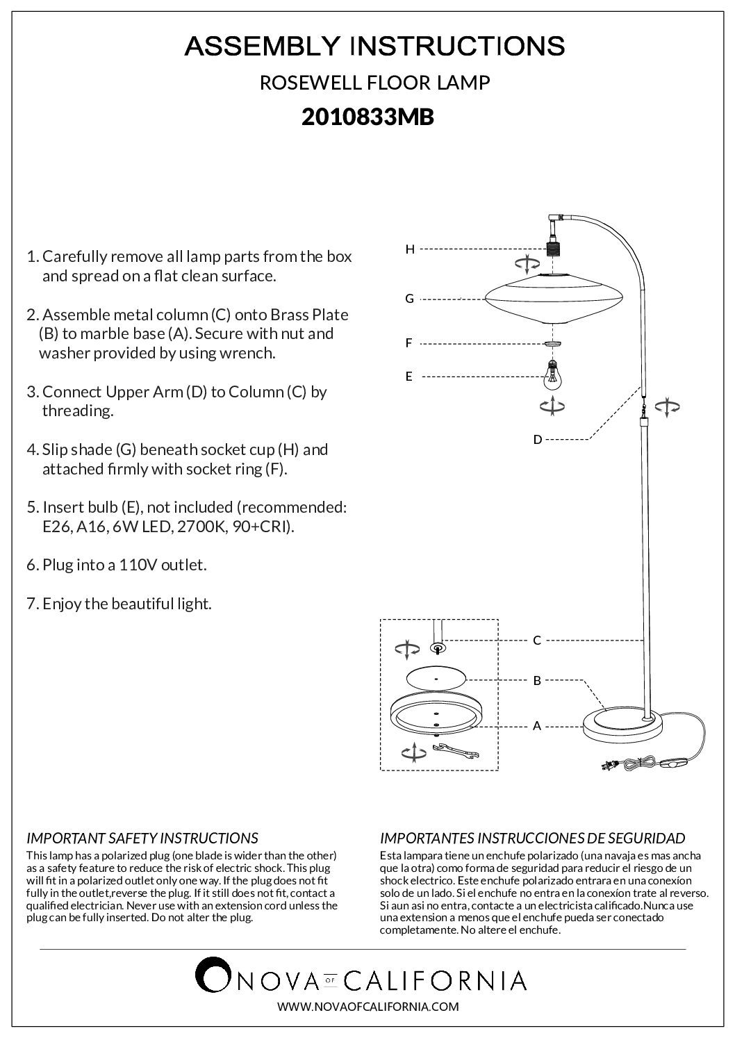 Roswell Floor Lamp with White Linen Shade and Black Marble Base