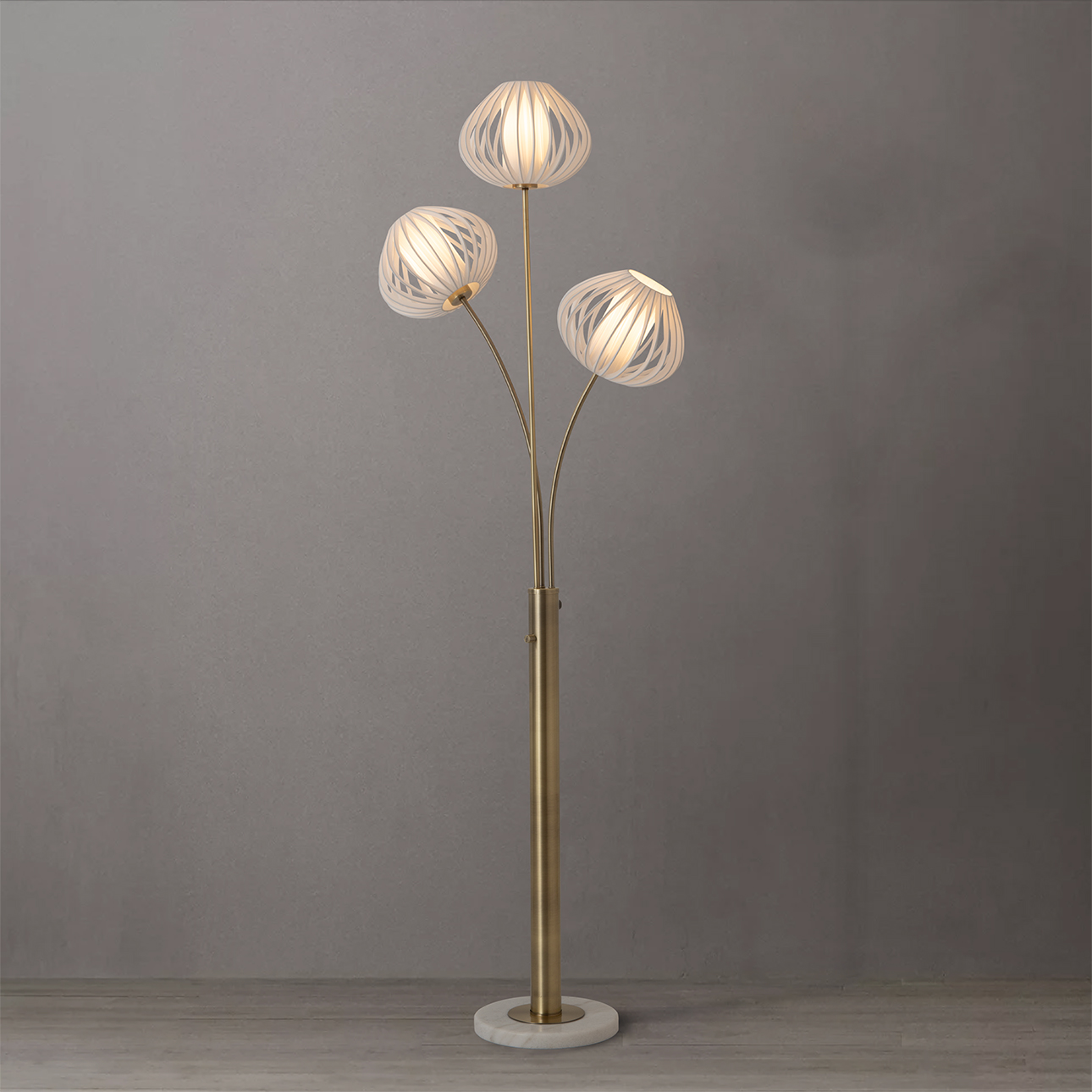 Bloom 3-Light Floor Lamp – Weathered Brass, White Marble Base