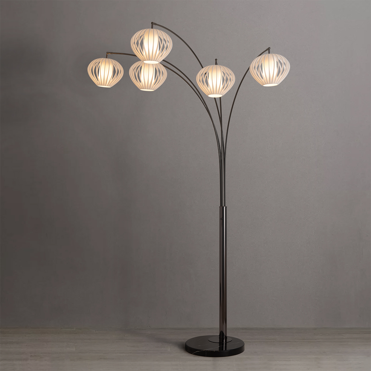 Bloom Five Light Arc Floor Lamp in Black Nickel with Black Marble Base