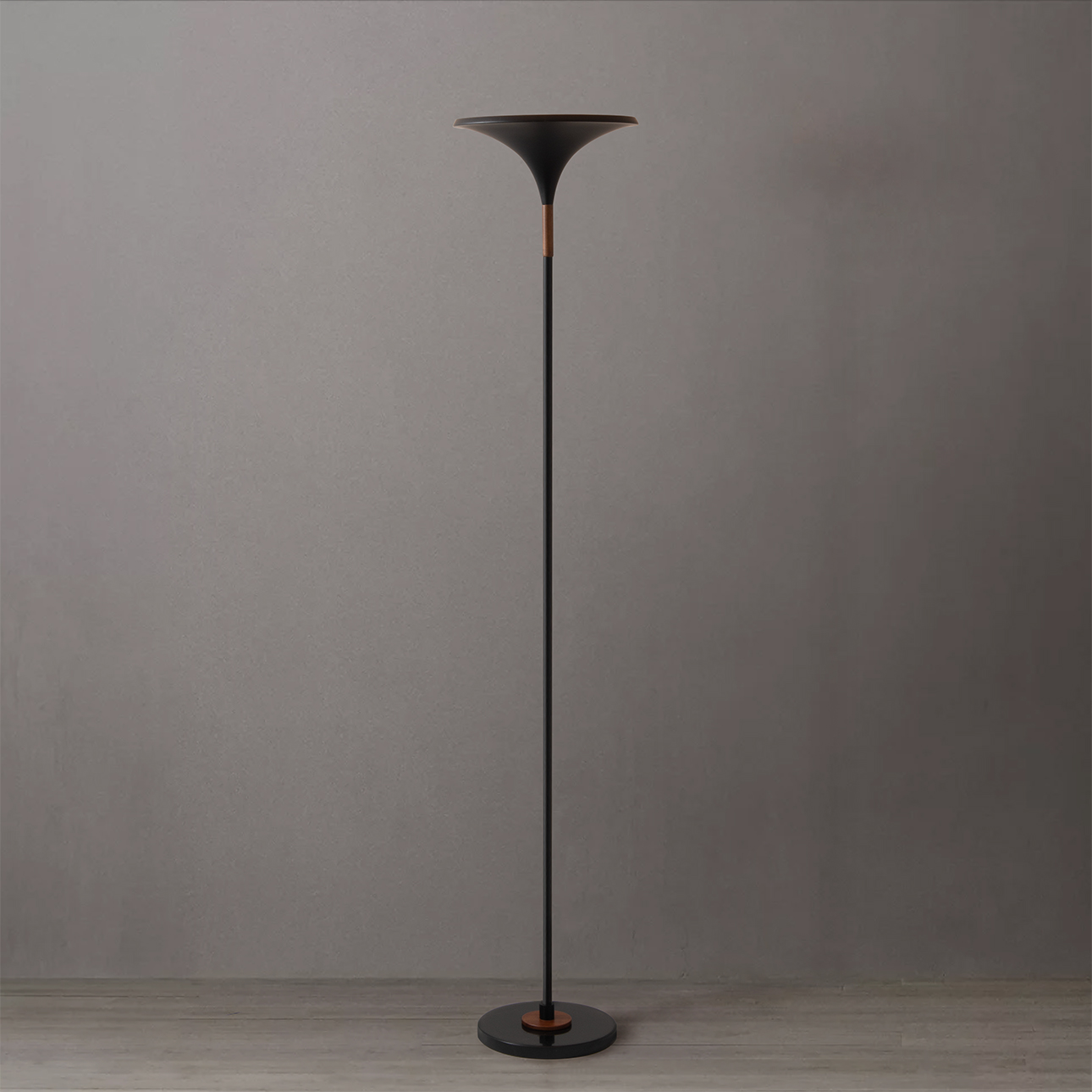 Lodi Torchiere Floor Lamp in Matte Black with Hammered Gold Leaf Shade