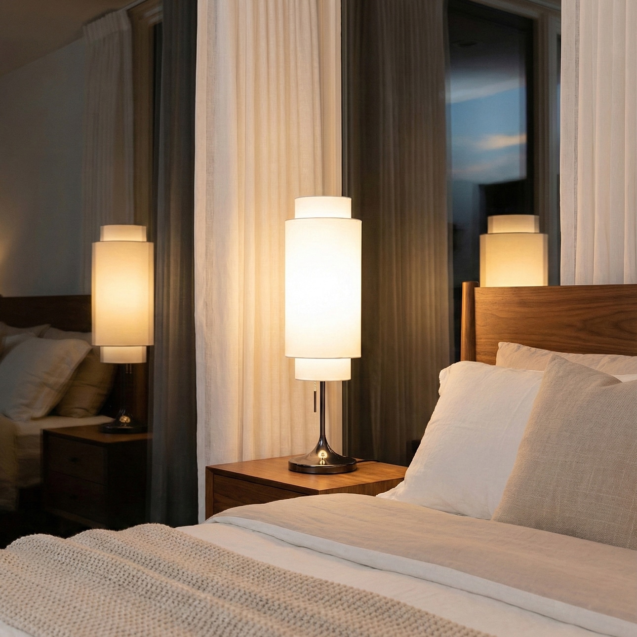 Lollipop Table Lamp in Black Nickel with White Double Linen Shade