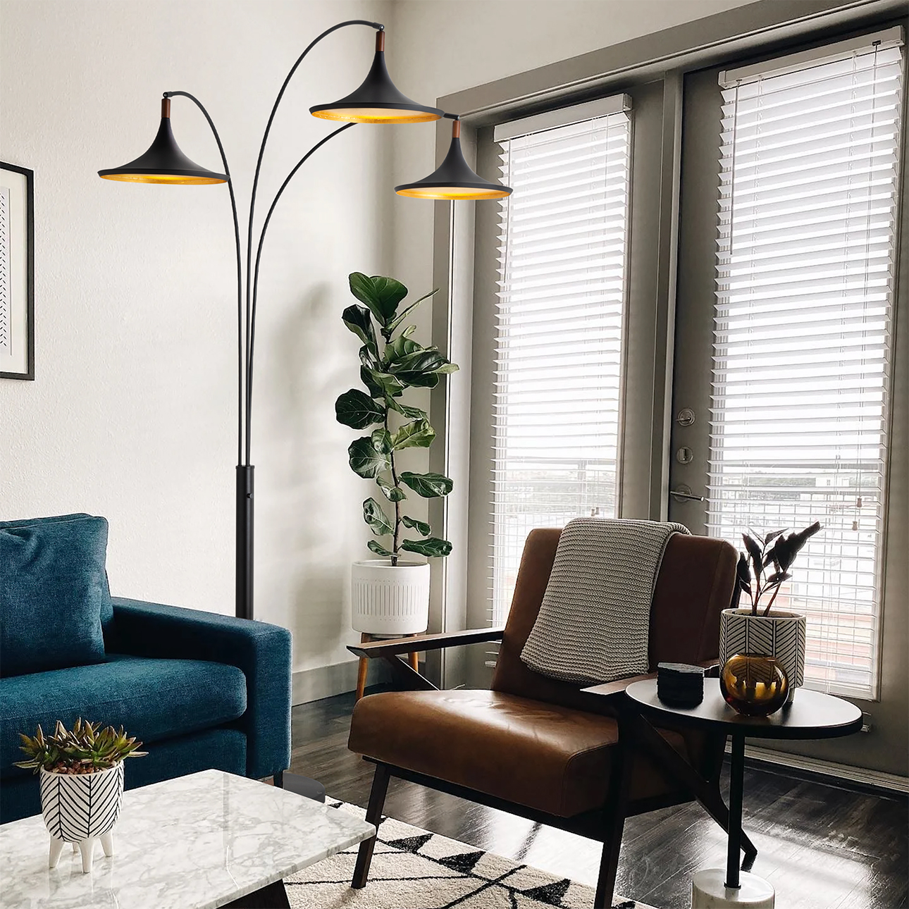 Lodi Three Light Arc Floor Lamp in Matte Black Walnut with Gold Leaf and Marble Base