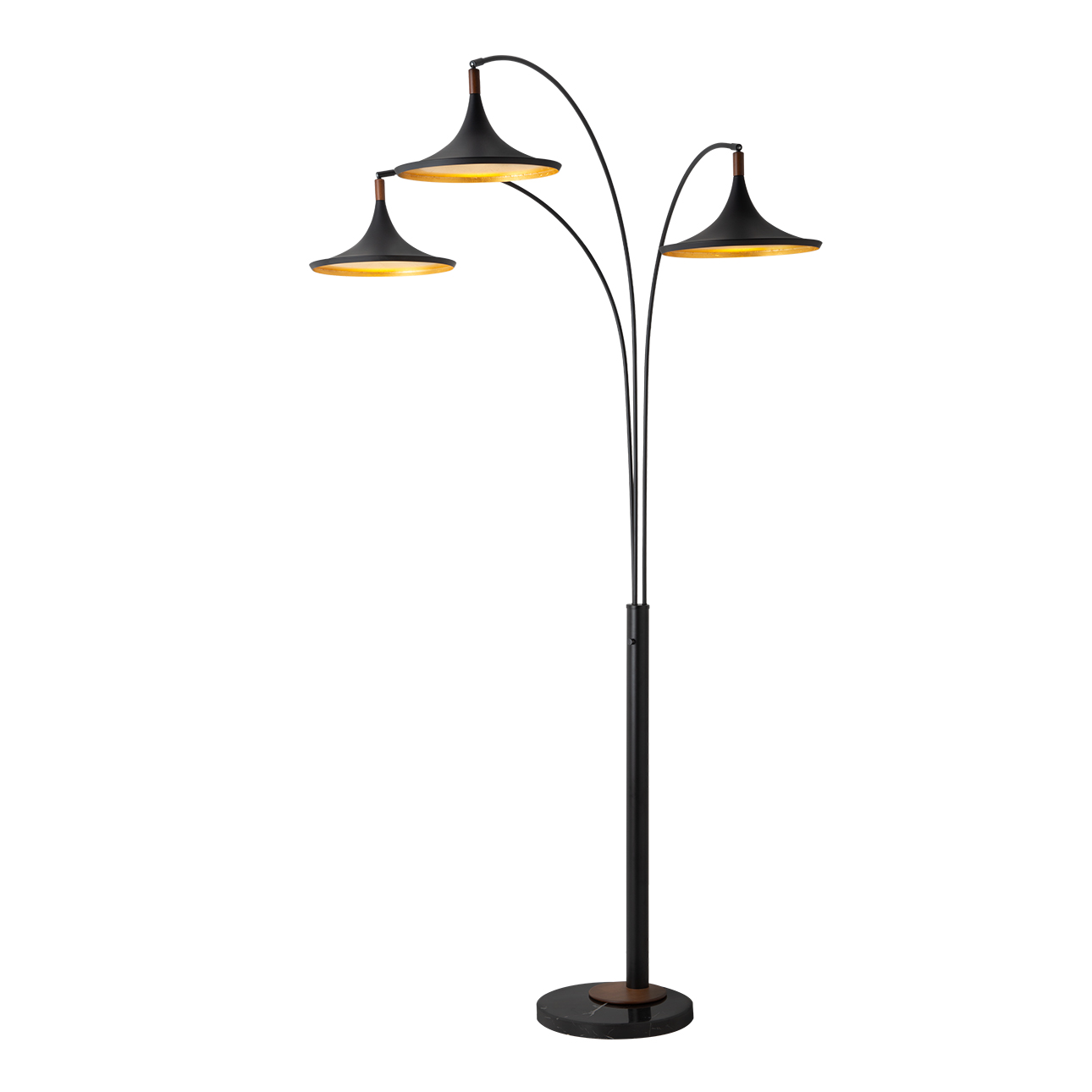 Lodi Three Light Arc Floor Lamp in Matte Black Walnut with Gold Leaf and Marble Base