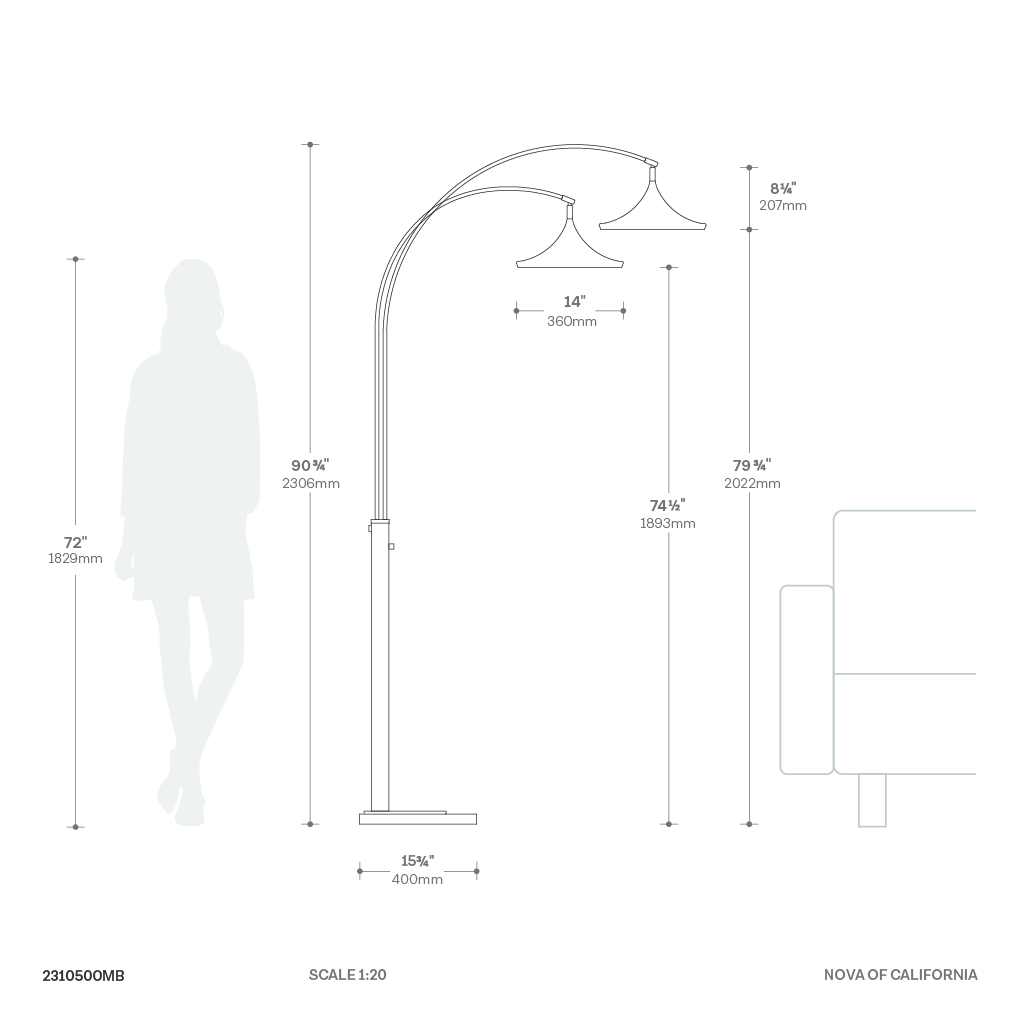 Lodi Three Light Arc Floor Lamp in Matte Black Walnut with Gold Leaf and Marble Base