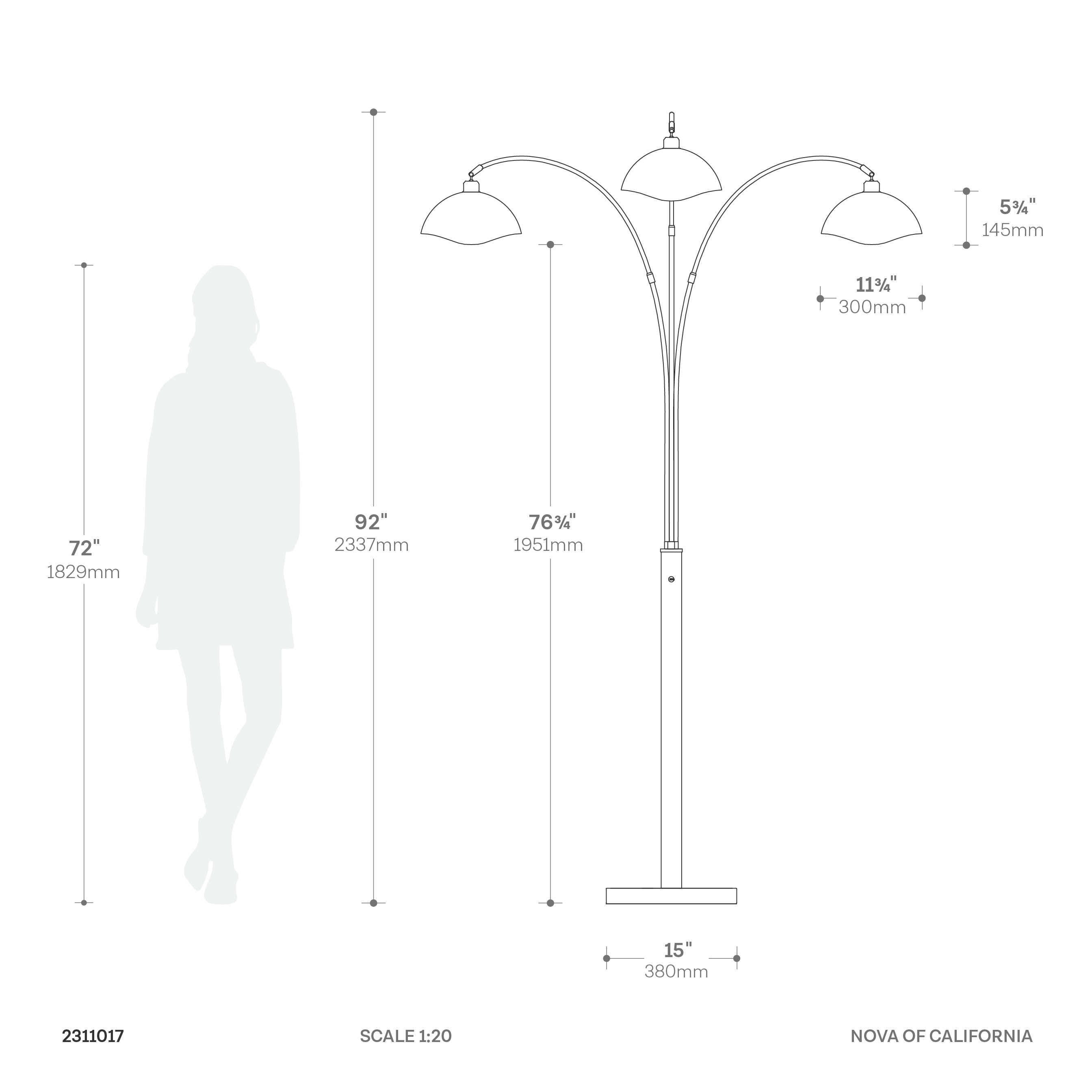 Luna Bella Three Light Arc Floor Lamp in Matte Black Weathered Brass with Black Marble Base