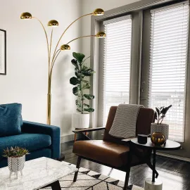 Mushroom Five Lite Arc Floor Lamp in Weathered Brass with White Marble Base