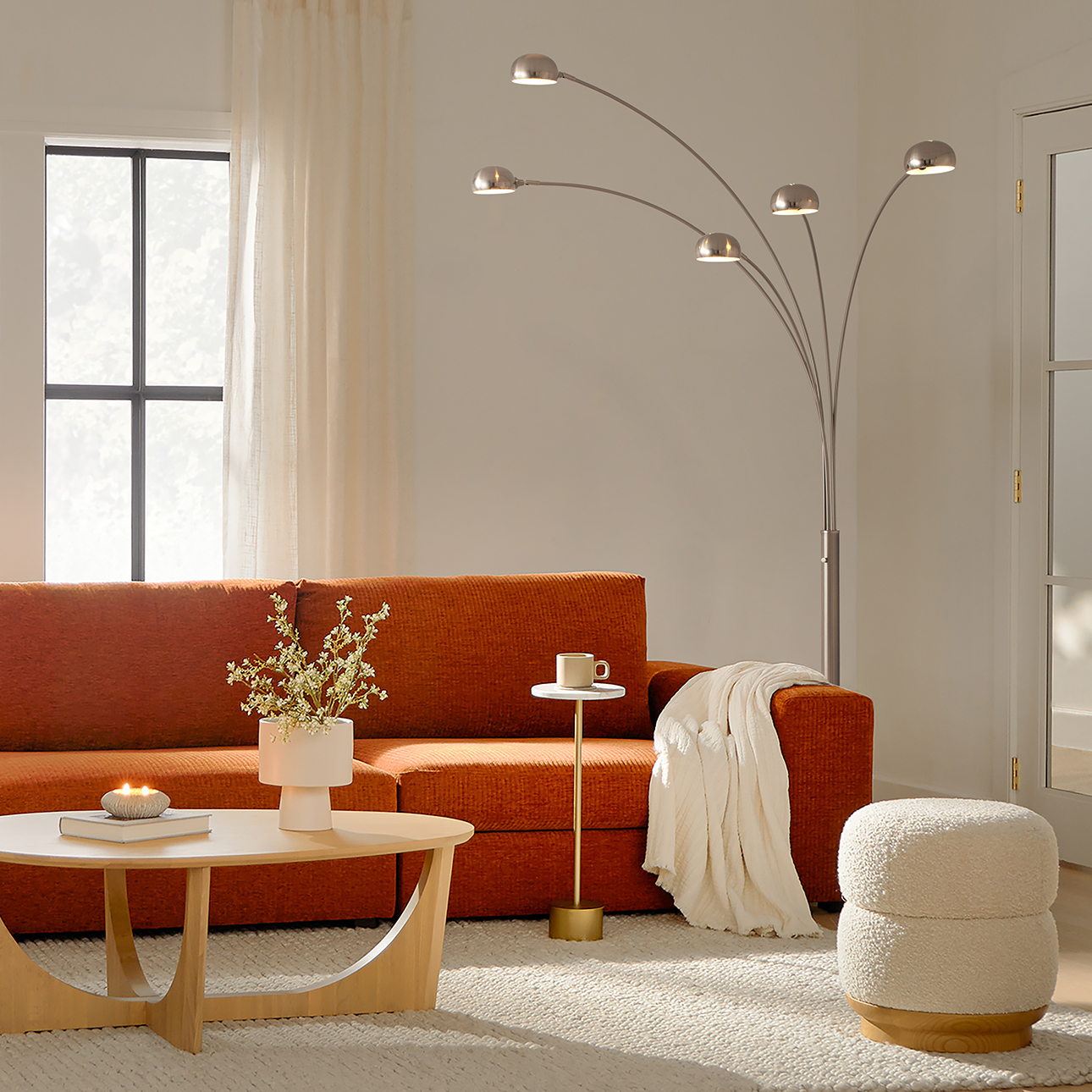 Mushroom Five Light Arc Floor Lamp in Satin Nickel with Black Marble Base