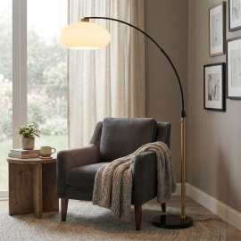Morelli Simple Arc Floor Lamp in Weathered Brass with Black Marble Base