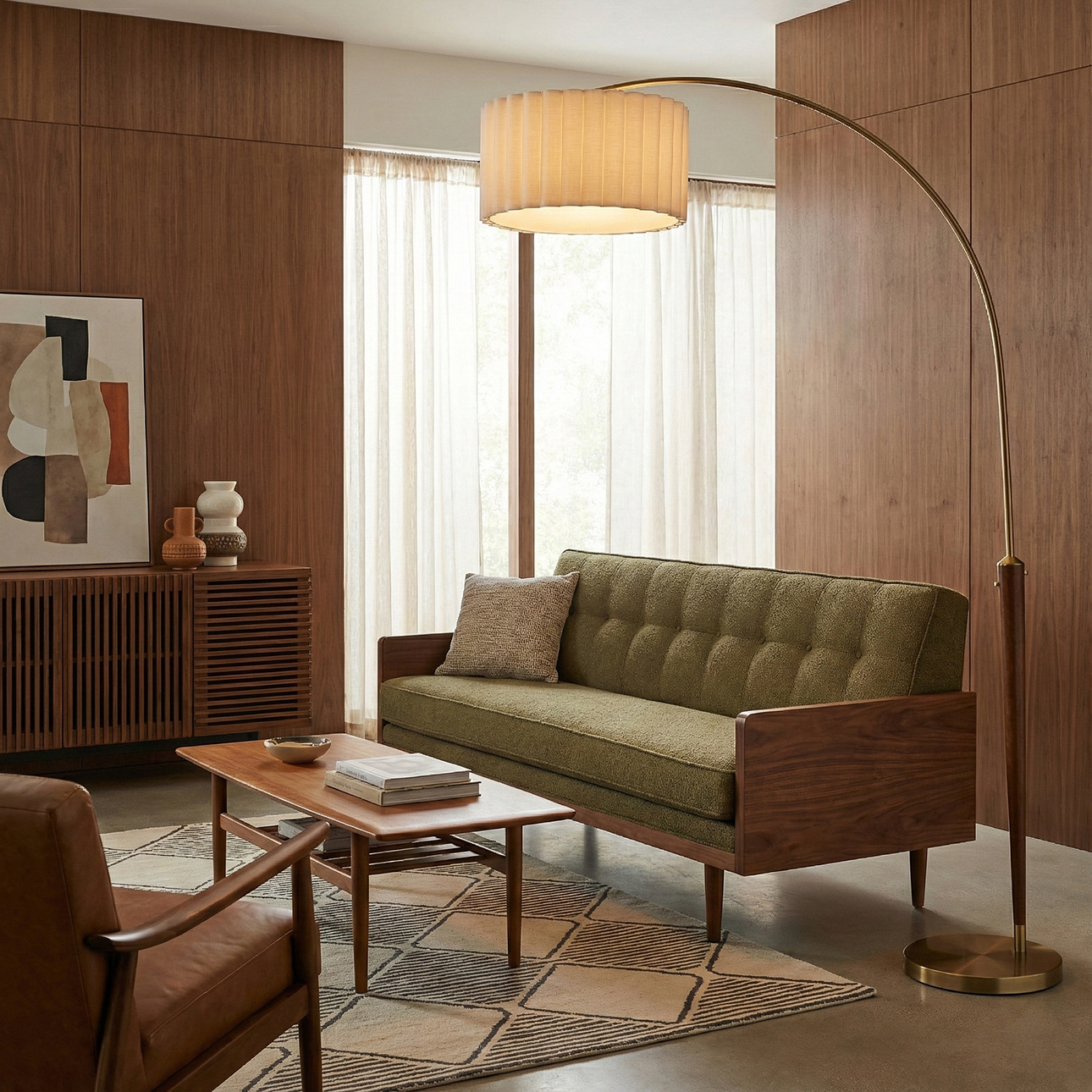 Scalloped One Light Arc Floor Lamp in Walnut and Weathered Brass