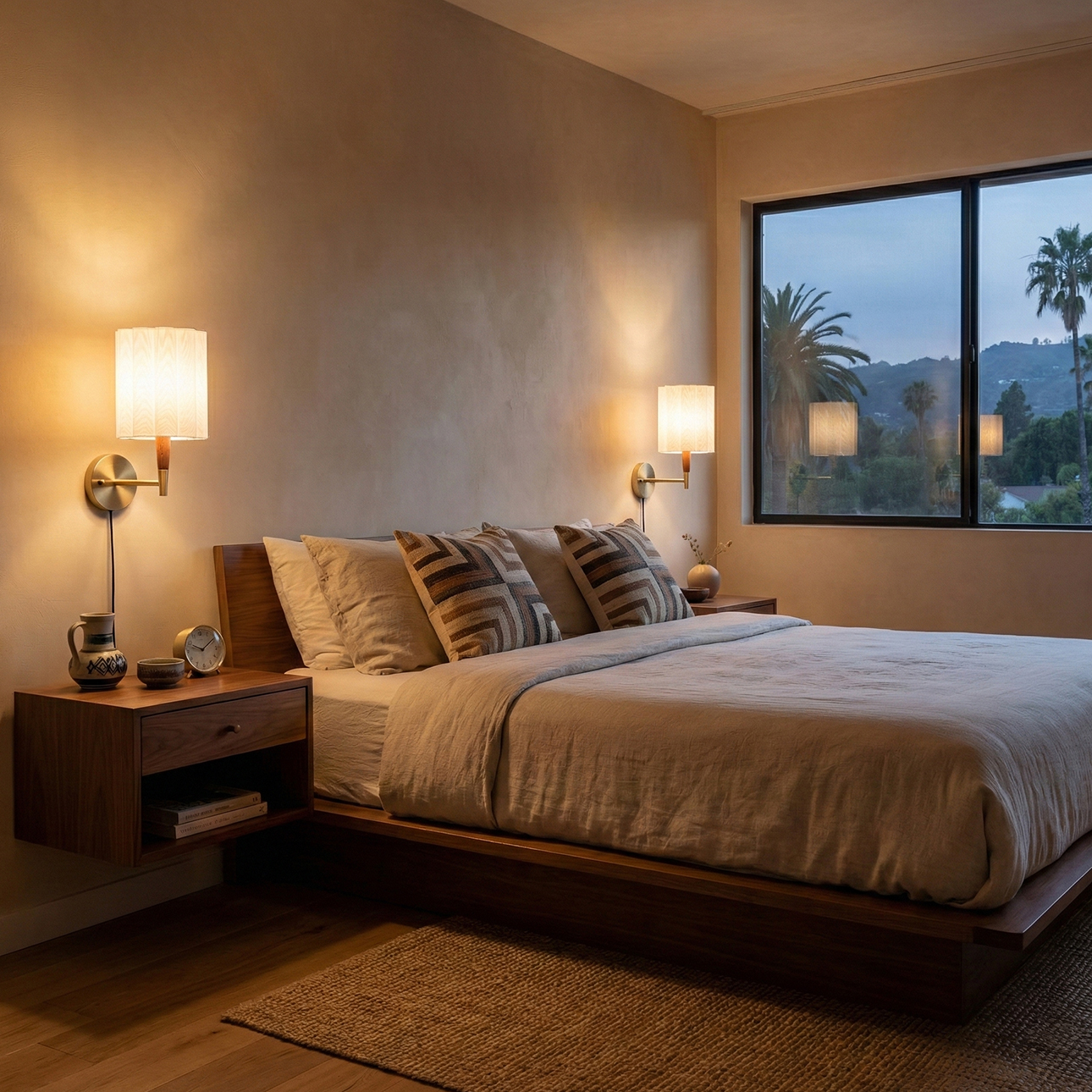 Scalloped Wall Sconce in Walnut and Weathered Brass with White Linen Diffuser