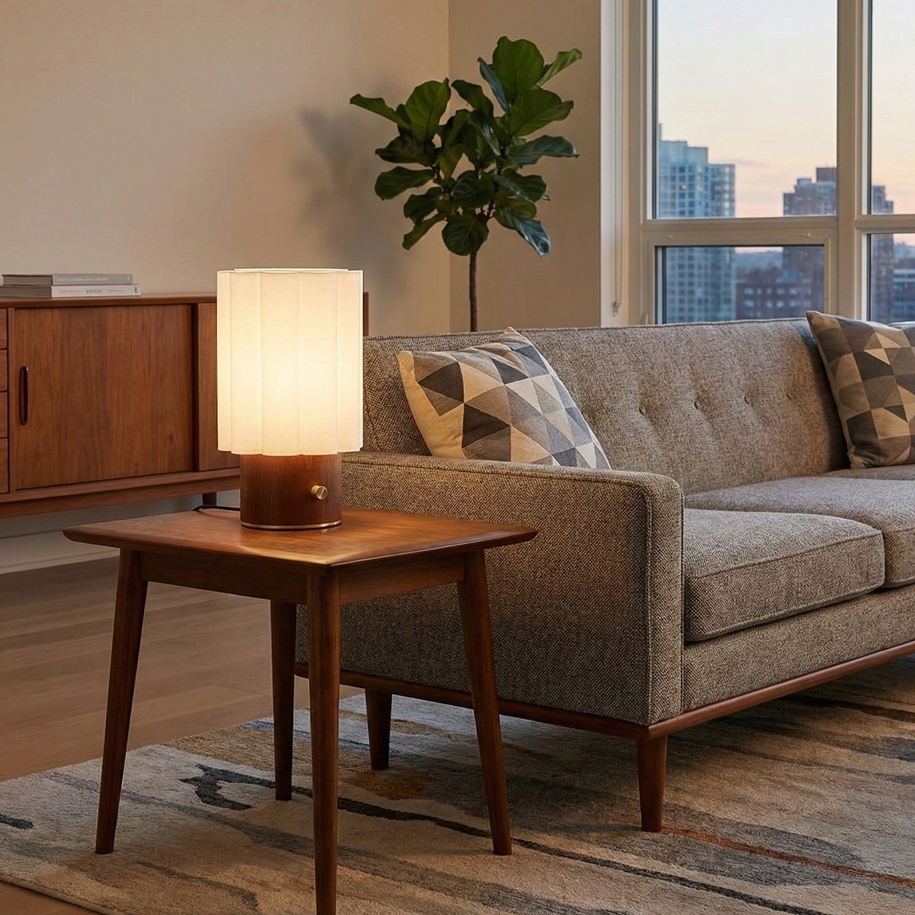 Scalloped Accent Table Lamp - Walnut, Weathered Brass, White Linen, Diffuser, Dimmer