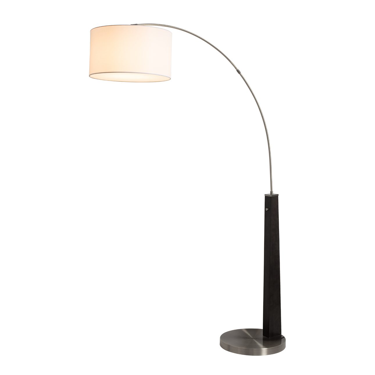 Taper One Light Arc Floor Lamp in Black Wood with Satin Nickel and White Linen Shade