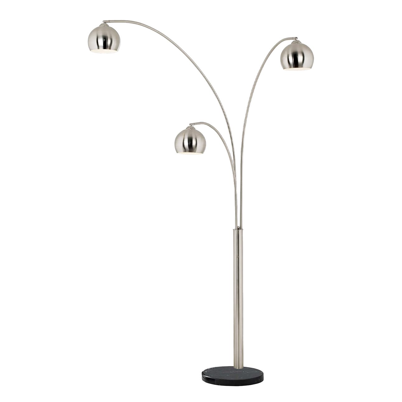 Triple Three Light Arc Floor Lamp in Satin Nickel with Black Marble Base