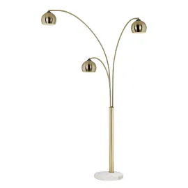 Triplet Three Light Arc Floor Lamp in Weathered Brass with White Marble Base