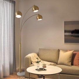 Triplet Three Light Arc Floor Lamp in Weathered Brass with White Marble Base
