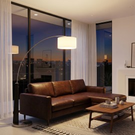 Taper One Light Arc Floor Lamp in Black Wood with Satin Nickel and White Linen Shade