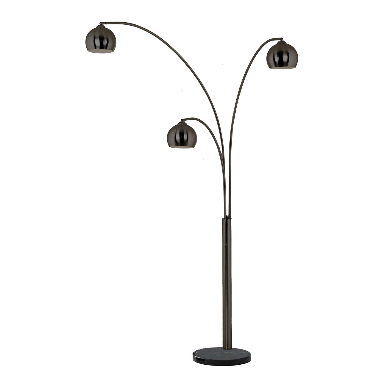Triplet Three Light Arc Floor Lamp in Black Nickel with Black Marble Base