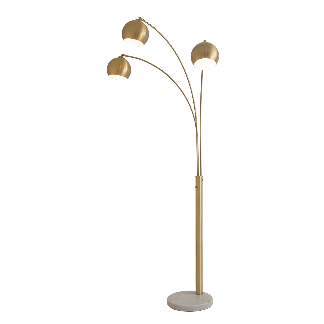 Triplet Three Light Arc Floor Lamp in Weathered Brass with White Marble Base