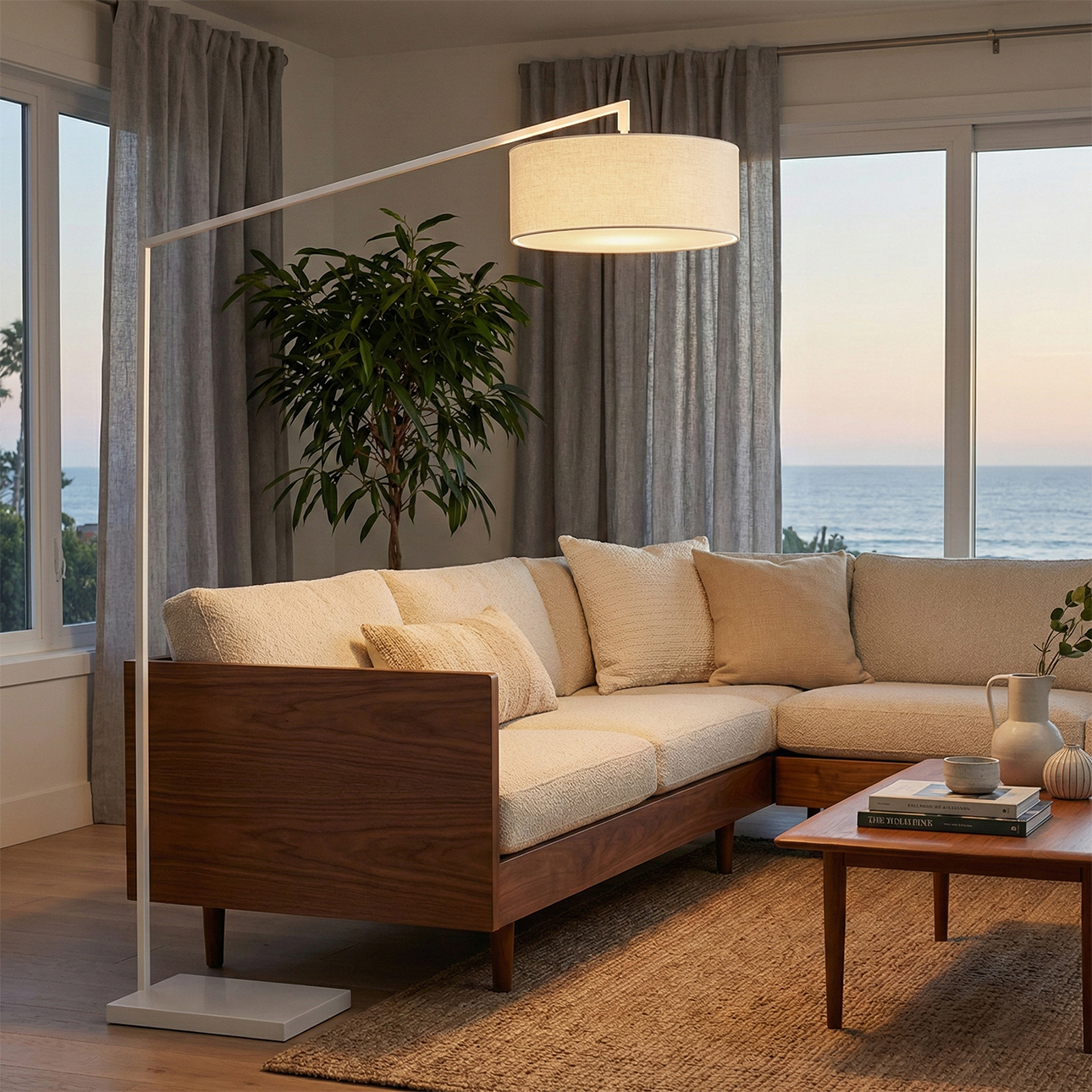 Stretch 87″ Arc Floor Lamp, White Linen Drum Shade & Body, Dimmable