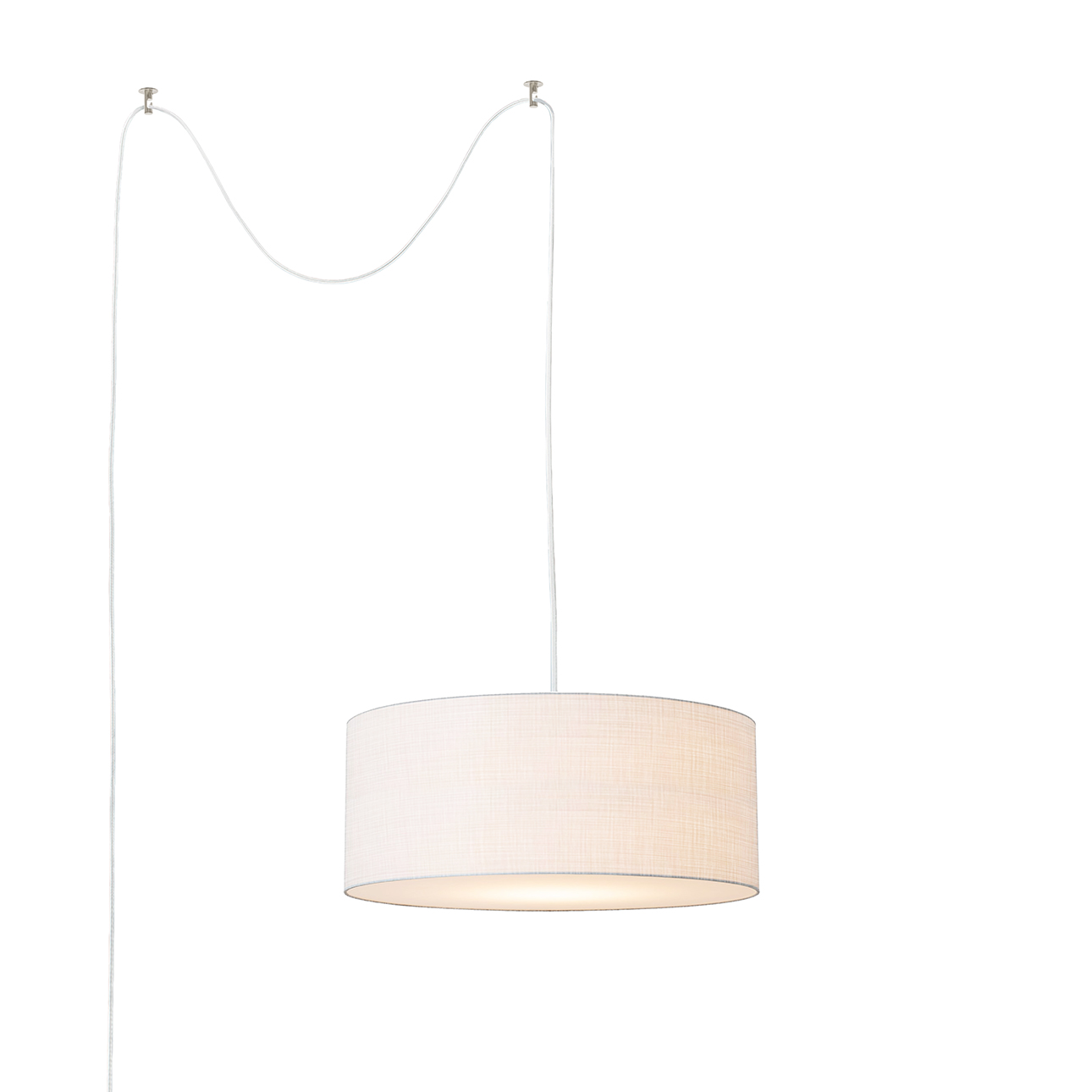 Stretch Swag Lamp, Linen Drum Shade, Satin Nickel, Dimmable